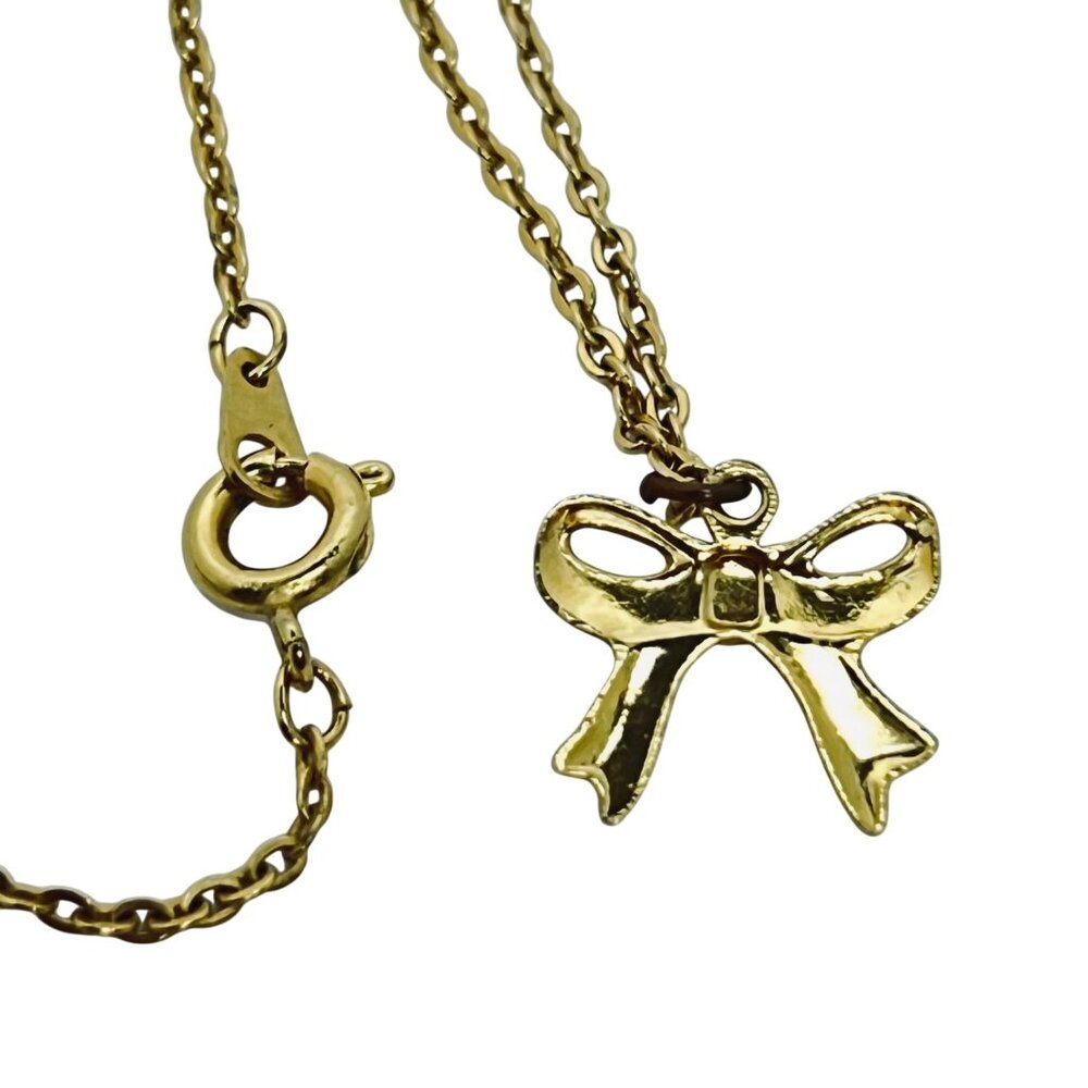 Gold Tone Cable Chain Necklace With Pink Rhinestone Bow Pendant (5702) - Picture 4 of 4